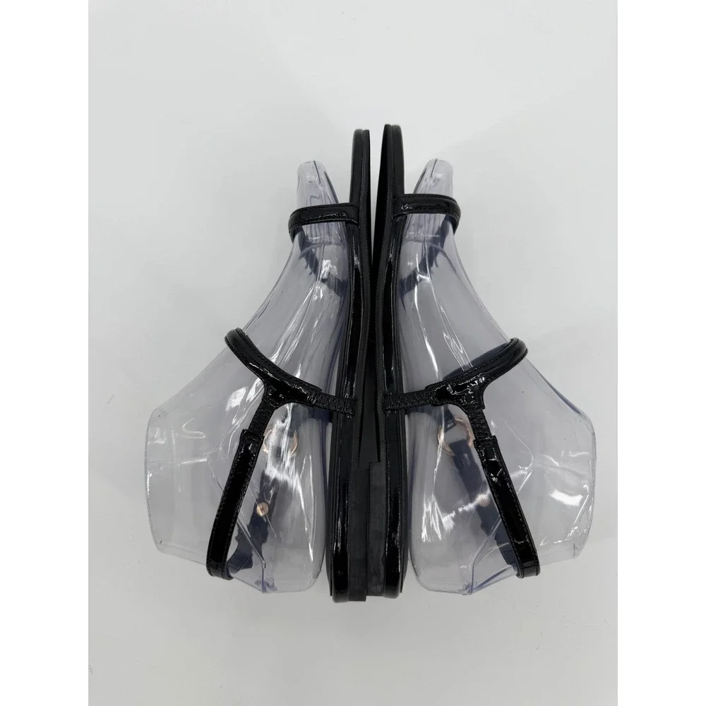 J.Crew Women Black Patent Leather Strappy Slingback Flat Sandals Size 6.5